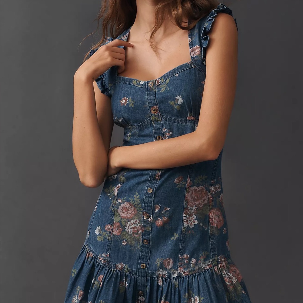 Anthropologie Pilcro Ruffled Denim Sweetheart Denim Dress - Picture 2 of 8